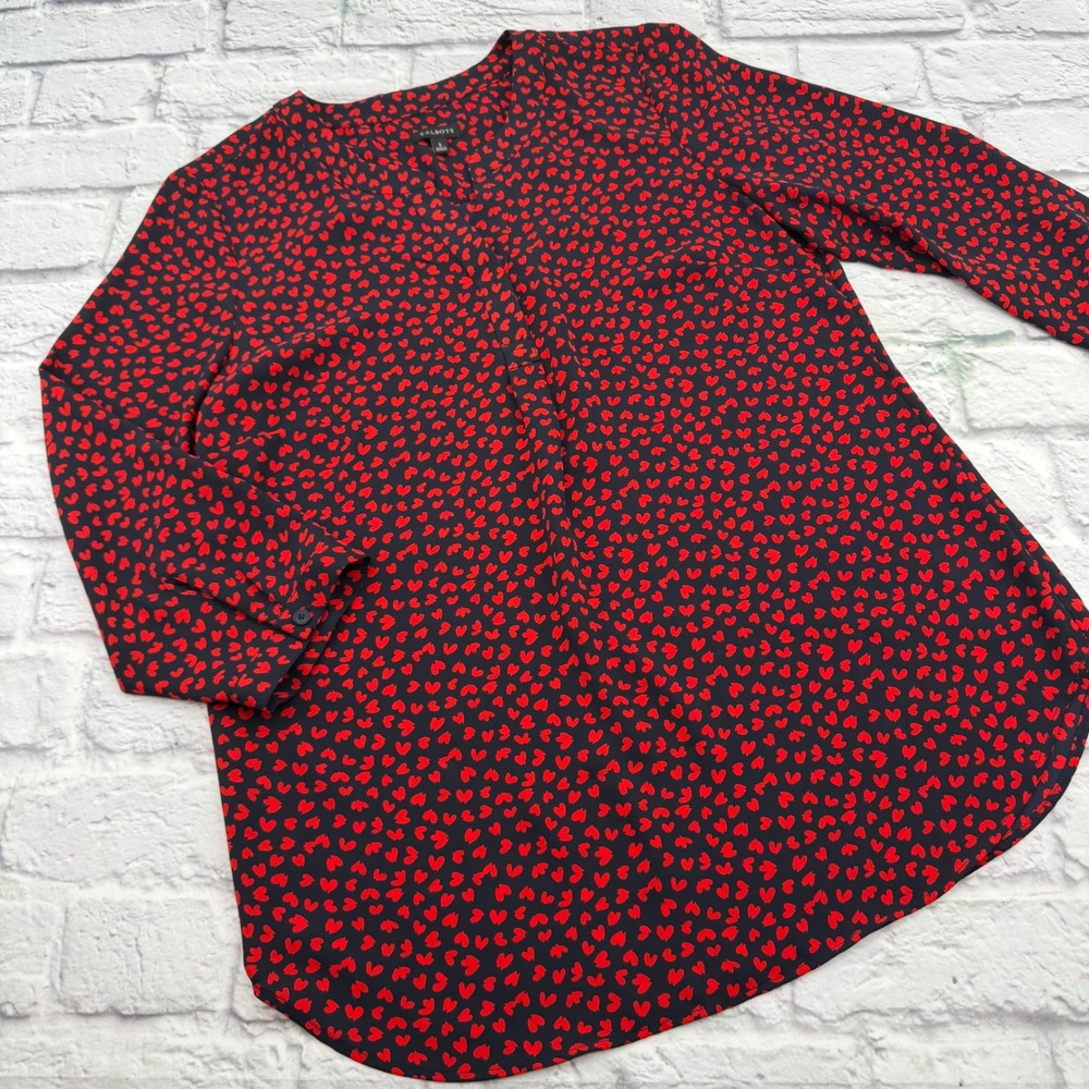 Talbots Womens Small Black Red Heart Print V-Neck 3/4 Sleeve Popover Blouse